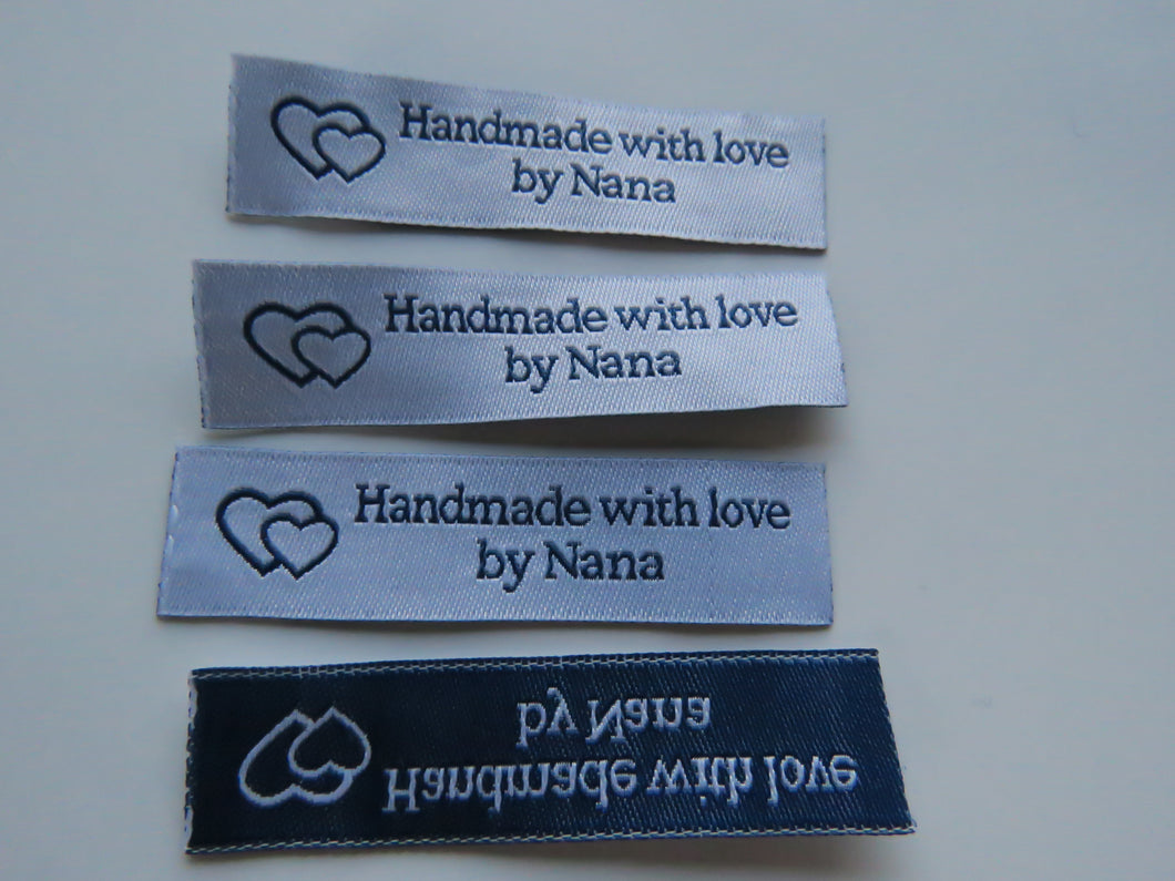 12 White with Blue Font Handmade with Love by Nana White woven labels 60 x 15mm