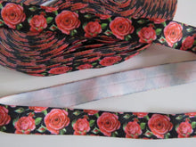 Load image into Gallery viewer, 8.7m Red Roses on Black fold over elastic FOE foldover elastic 15mm wide