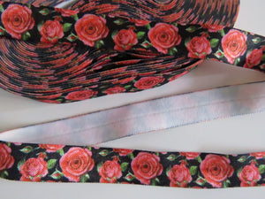 8.7m Red Roses on Black fold over elastic FOE foldover elastic 15mm wide