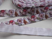 Load image into Gallery viewer, 5m Purple pink flower floral print fold over elastic FOE foldover elastic 15mm wide