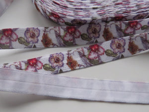 5m Purple pink flower floral print fold over elastic FOE foldover elastic 15mm wide