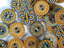 Load image into Gallery viewer, 25 Retro Vintage Blue and Yellow Print 15mm buttons 2 holes