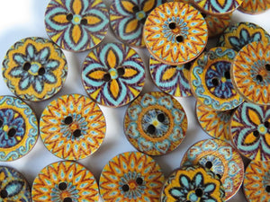 25 Retro Vintage Blue and Yellow Print 15mm buttons 2 holes