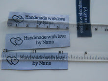 Load image into Gallery viewer, 12 White with Blue Font Handmade with Love by Nana White woven labels 60 x 15mm