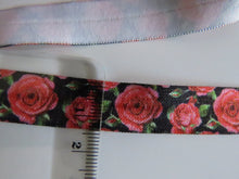 Load image into Gallery viewer, 8.7m Red Roses on Black fold over elastic FOE foldover elastic 15mm wide