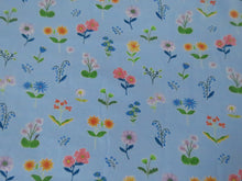 Load image into Gallery viewer, 1m Flower Print Floral on blue background organic cotton spandex jersey knit 155cm