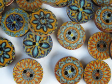 Load image into Gallery viewer, 25 Retro Vintage Blue and Yellow Print 15mm buttons 2 holes