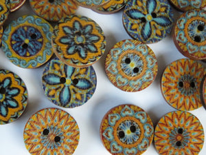 25 Retro Vintage Blue and Yellow Print 15mm buttons 2 holes