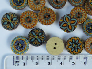 25 Retro Vintage Blue and Yellow Print 15mm buttons 2 holes