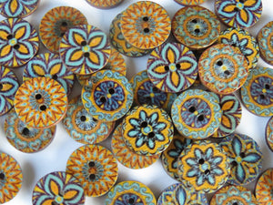 25 Retro Vintage Blue and Yellow Print 15mm buttons 2 holes