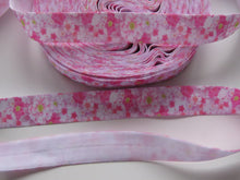 Load image into Gallery viewer, 1m Pink flowers print fold over elastic FOE foldover elastic 15mm wide