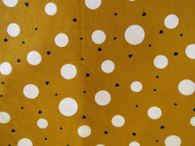 Load image into Gallery viewer, 1m Mustard with white spots and mini black hearts  100% organic cotton jersey knit 112cm