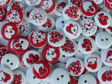 Load image into Gallery viewer, 50 Red heart Mixed Print buttons 15mm White back 2 holes