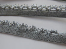 Load image into Gallery viewer, 1m Dark Grey Lacy trim Stretch Elastic trim 11mm wide- underwear, crafts etc.