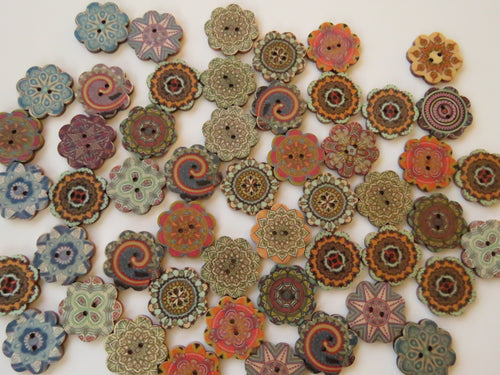 50 Retro Print Flower Shape Wood like Buttons 25mm diameter