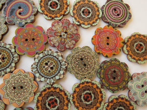 10 Retro Print Flower Shape Wood like Buttons 25mm diameter