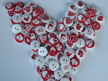 Load image into Gallery viewer, 50 Red heart Mixed Print buttons 15mm White back 2 holes