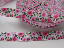 Load image into Gallery viewer, 1m Pink roses  with green leaves print  on white fold over elastic FOE foldover elastic 15mm wide