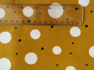 1m Mustard with white spots and mini black hearts  100% organic cotton jersey knit 112cm