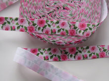 Load image into Gallery viewer, 1m Pink roses  with green leaves print  on white fold over elastic FOE foldover elastic 15mm wide