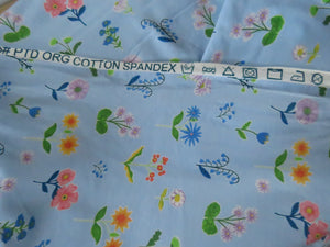 1m Flower Print Floral on blue background organic cotton spandex jersey knit 155cm