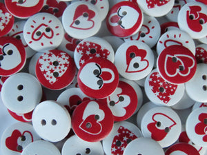 50 Red heart Mixed Print buttons 15mm White back 2 holes