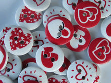 Load image into Gallery viewer, 50 Red heart Mixed Print buttons 15mm White back 2 holes