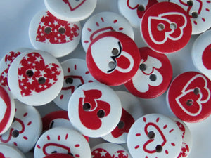 50 Red heart Mixed Print buttons 15mm White back 2 holes