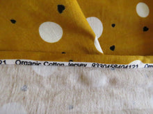 Load image into Gallery viewer, 1m Mustard with white spots and mini black hearts  100% organic cotton jersey knit 112cm