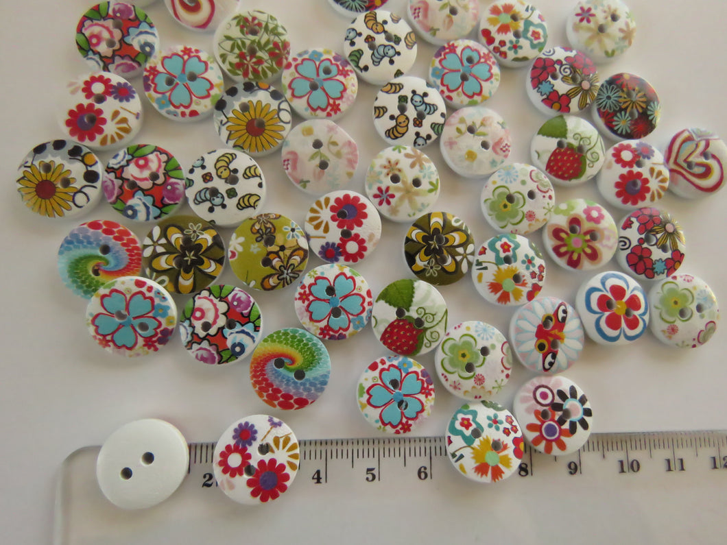 24 Bright floral print buttons 15mm White back 2 holes