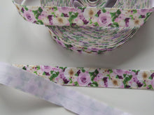 Load image into Gallery viewer, 1m Lilac and cream roses print fold over elastic FOE foldover elastic 15mm wide