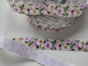 1m Lilac and cream roses print fold over elastic FOE foldover elastic 15mm wide