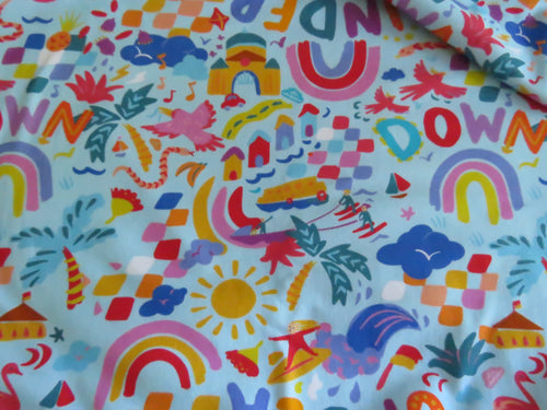 1m Wave, rainbow, waterskier, palm tree print Blue 100% organic cotton jersey knit 112cm