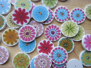 52 Large Single Flower Round Wood like Buttons 25mm diameter