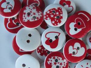 50 Red heart Mixed Print buttons 15mm White back 2 holes