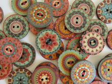 Load image into Gallery viewer, 10 Mixed Pattern Teal Orange Pink Retro Print buttons 25mm diameter