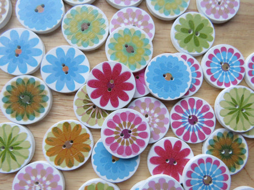 52 Large Single Flower Round Wood like Buttons 25mm diameter