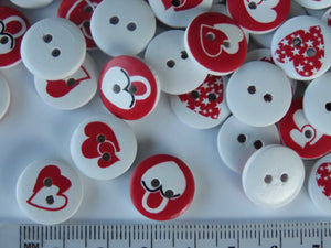 50 Red heart Mixed Print buttons 15mm White back 2 holes