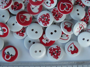 50 Red heart Mixed Print buttons 15mm White back 2 holes