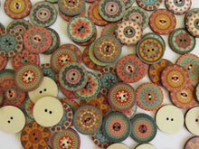 Load image into Gallery viewer, 10 Mixed Pattern Teal Orange Pink Retro Print buttons 25mm diameter