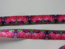 Load image into Gallery viewer, 5m Bright pink and purple flower print fold over elastic FOE foldover elastic 15mm wide