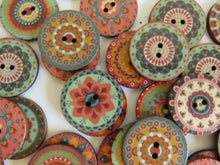 Load image into Gallery viewer, 10 Mixed Pattern Teal Orange Pink Retro Print buttons 25mm diameter