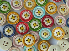 Load image into Gallery viewer, 10 Mixed Colours on Edge Flower in centre 4 holes 15mm diameter buttons