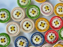 Load image into Gallery viewer, 10 Mixed Colours on Edge Flower in centre 4 holes 15mm diameter buttons