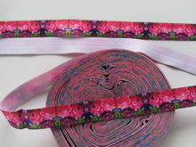 Load image into Gallery viewer, 5m Bright pink and purple flower print fold over elastic FOE foldover elastic 15mm wide