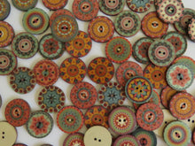 Load image into Gallery viewer, 10 Mixed Pattern Teal Orange Pink Retro Print buttons 25mm diameter