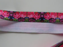 Load image into Gallery viewer, 5m Bright pink and purple flower print fold over elastic FOE foldover elastic 15mm wide