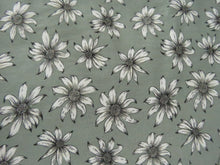 Load image into Gallery viewer, 1m White flower on sage green background Bamboo spandex jersey knit 160cm