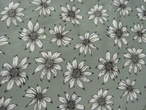 1m White flower on sage green background Bamboo spandex jersey knit 160cm