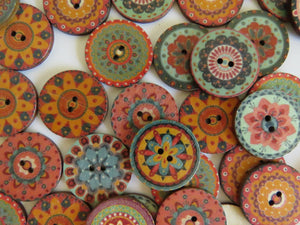 10 Mixed Pattern Teal Orange Pink Retro Print buttons 25mm diameter